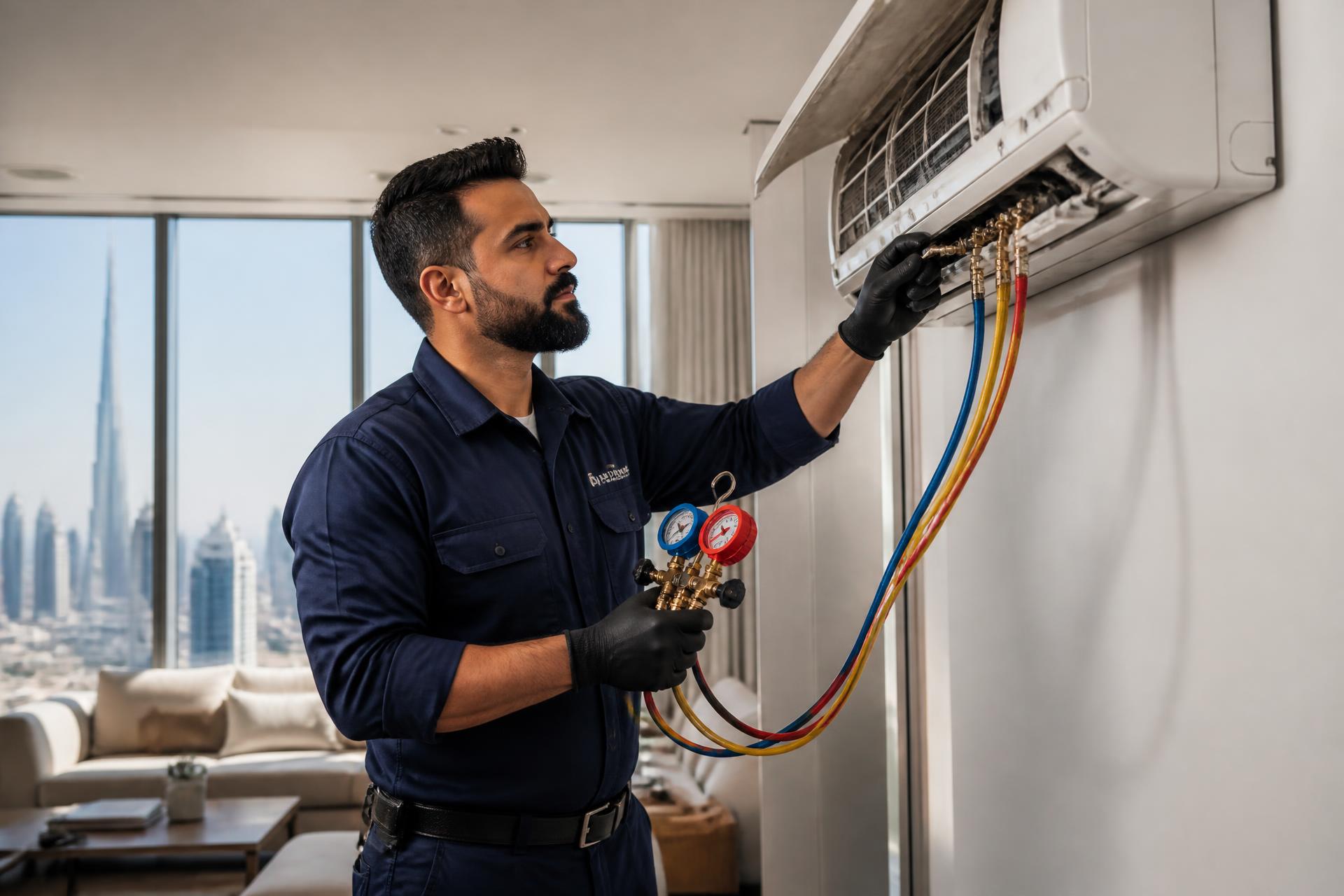 AGK HVAC technician repairing a split air conditioner in Dubai